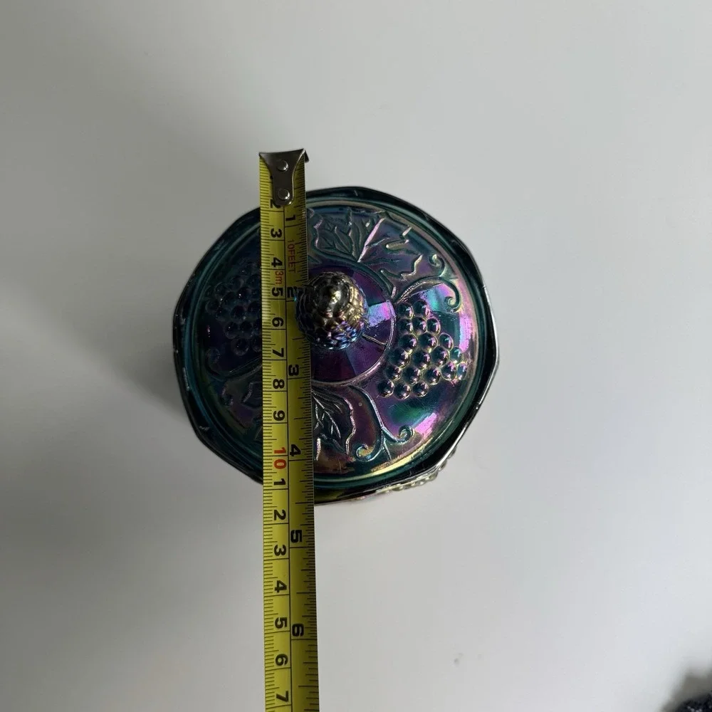 VTG Indiana Blue Grape Harvest Carnival Glass Candy Canister Iridescent W/lid